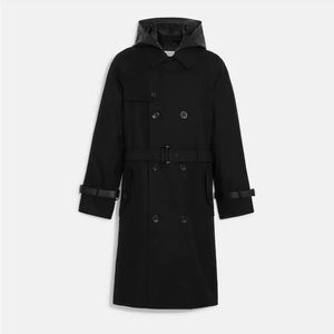 Coach Trench coat with leather hood in black.
